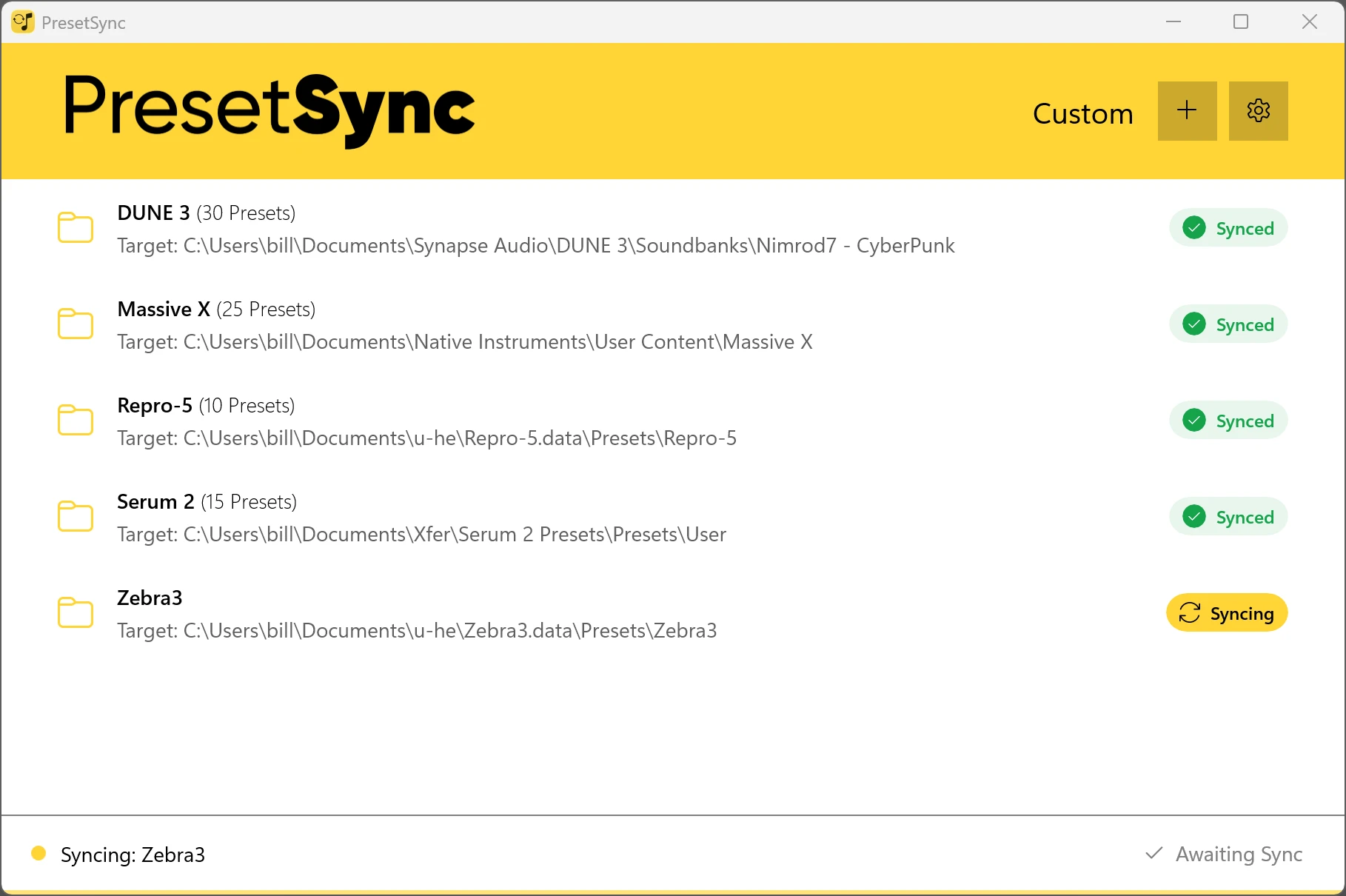 PresetSync Collections Windows Syncing
